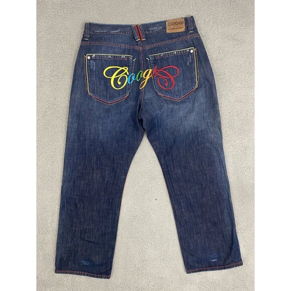 Coogi Mens Denim Jeans W40 L34 Rainbow Stitching Blue - Picture 1 of 16